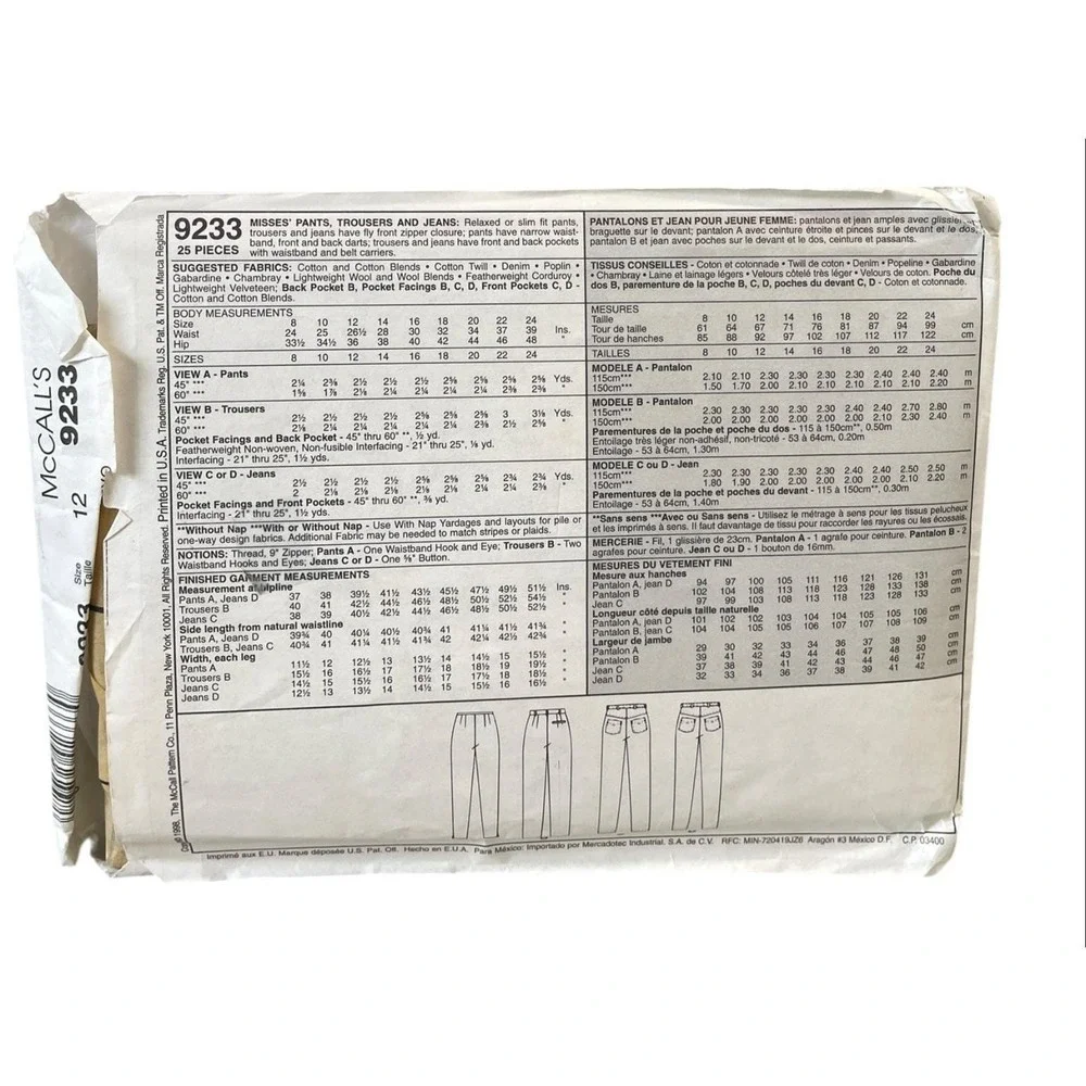 McCall's 9233 Misses Pants Trousers Jeans Sizes 12 1990s Classic‎ Fit